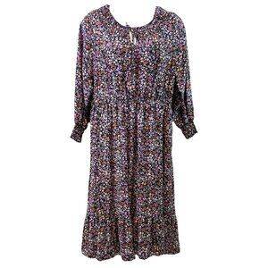 Terra Sky Womens Dress Black Floral Midi Pockets LS Peasant Whimsigoth Boho 2X